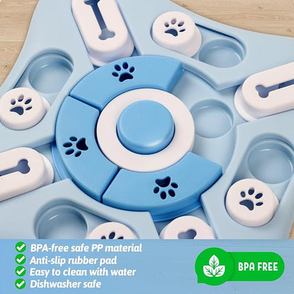 Interactive Dog Puzzle Toy with Sliding Treat Dispensers and Paw Print Design, Mental Stimulation Games for Dogs, Blue Pet Brain Training Toy