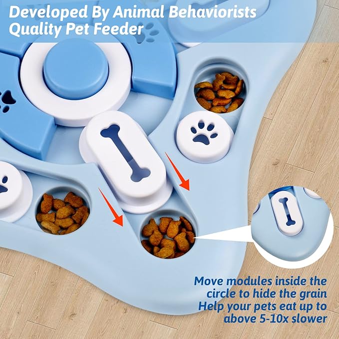 Interactive Dog Puzzle Toy with Sliding Treat Dispensers and Paw Print Design, Mental Stimulation Games for Dogs, Blue Pet Brain Training Toy