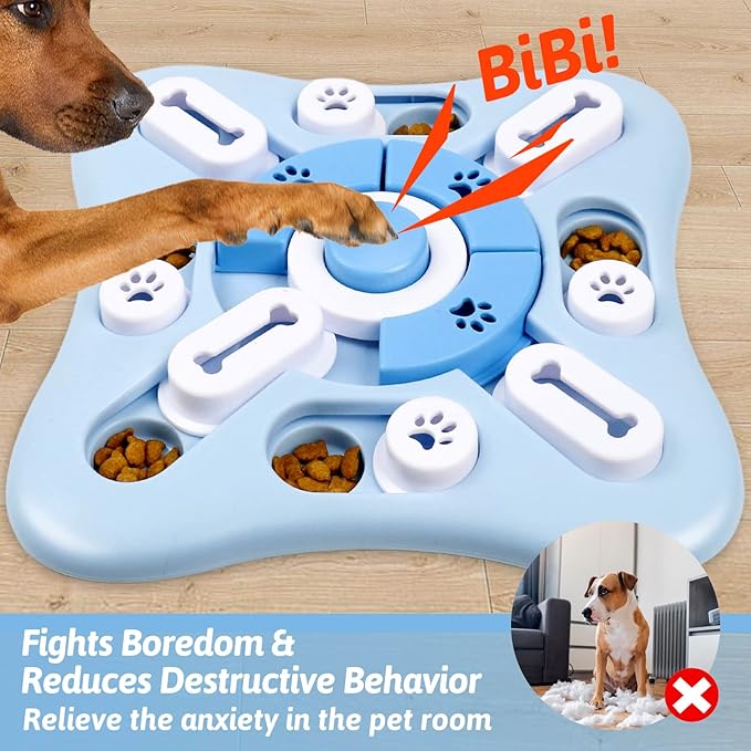 Interactive Dog Puzzle Toy with Sliding Treat Dispensers and Paw Print Design, Mental Stimulation Games for Dogs, Blue Pet Brain Training Toy