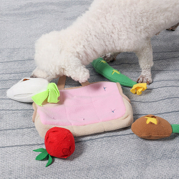 interactive-dog-toy-set-plush-vegetables-reversible-pink-carry-bag