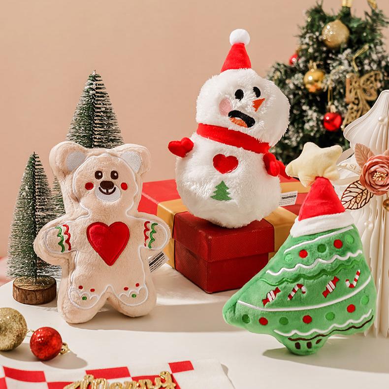 Festive Christmas plush squeaky dog toys collection featuring durable gingerbread bear, Christmas tree and snowman designs for dogs UK US 1