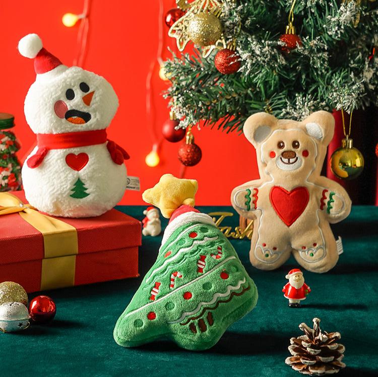 Festive Christmas plush squeaky dog toys collection featuring durable gingerbread bear, Christmas tree and snowman designs for dogs UK US 3