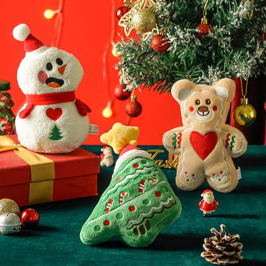 Festive Christmas plush squeaky dog toys collection featuring durable gingerbread bear, Christmas tree and snowman designs for dogs UK US 3