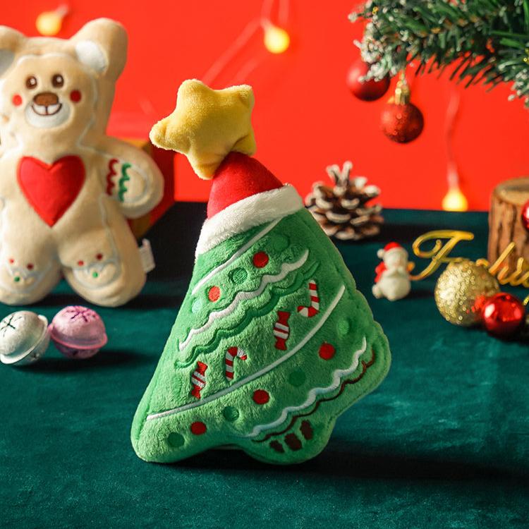 Festive Christmas plush squeaky dog toys collection featuring durable gingerbread bear, Christmas tree and snowman designs for dogs UK US 4