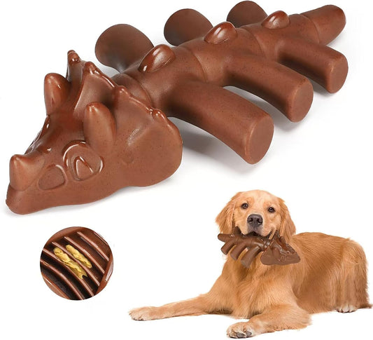 durable-brown-triceratops-shape-beef-flavor-interactive-food-dispensing-chew-toy-for-dogs-tough-chewer-treat-holder-dinosaur-puzzle-dog-toy 1